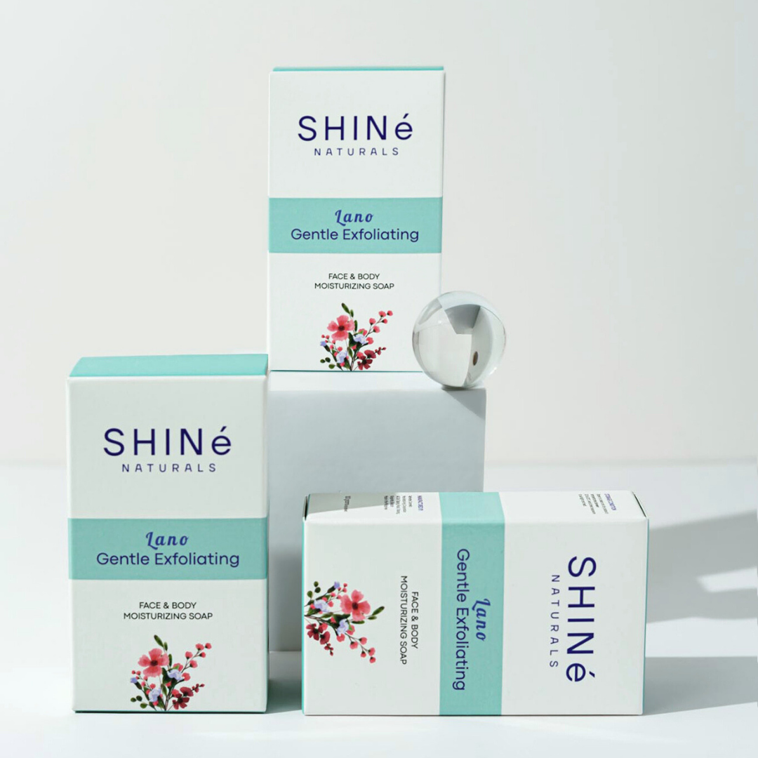 Shiné Naturals lanolin gentle exfoliating soap packaging 5-bar set with tea tree