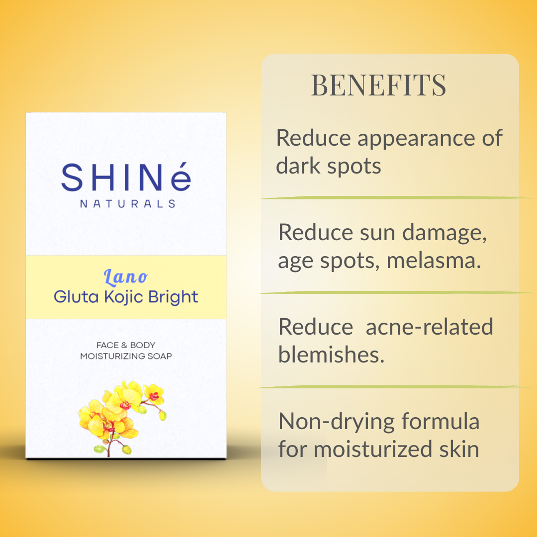Shine Naturals Lano Glutathione Kojic Bright soap packaging non-drying, reduce sun spots, melasma and skin damage or acne blemish. moisturizing soap loved by moms and teenager